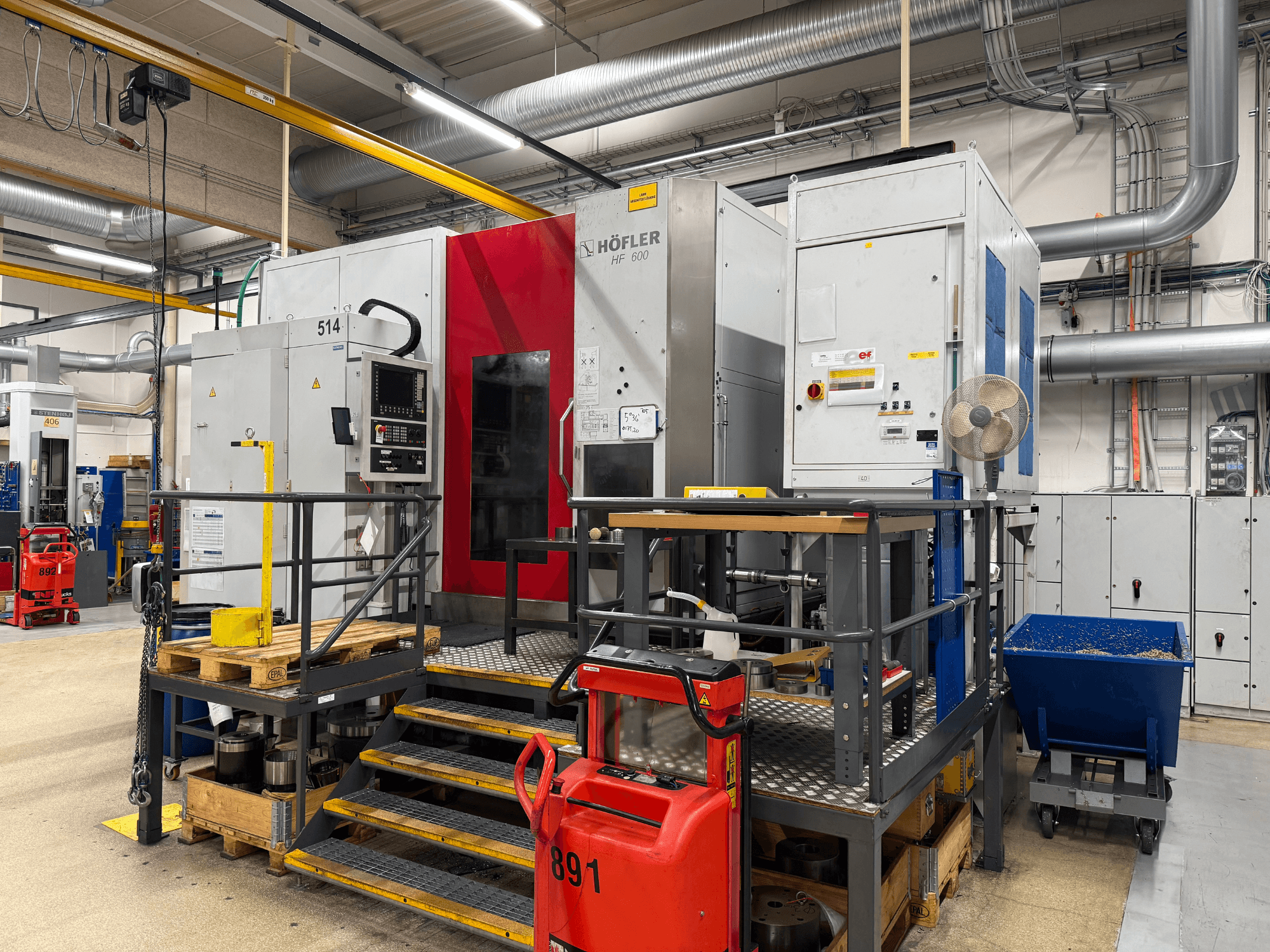 HOFLER HF 600 szerszámgép, oldalnézet, a vezérlőpanel, a sárga biztonsági korlát és a műhely környezete.