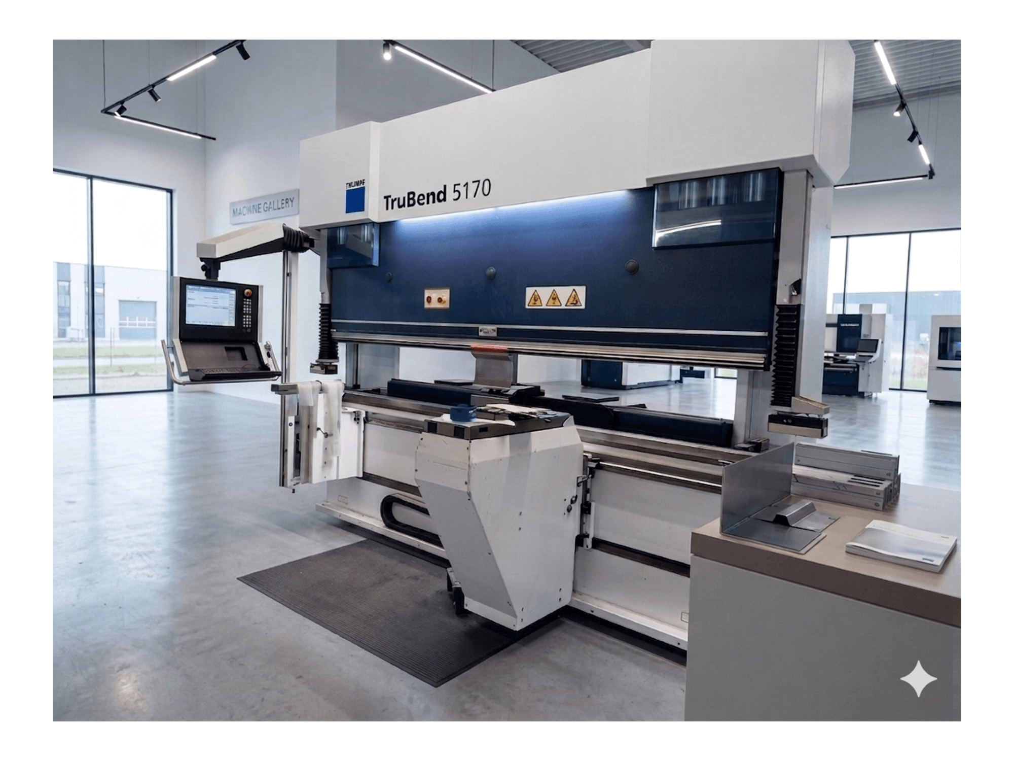 A TRUMPF TruBend 5170 sajtolóféke, elölnézet a vezérlőpanellel és a hajlítóasztallal, a gép modern kialakításával.