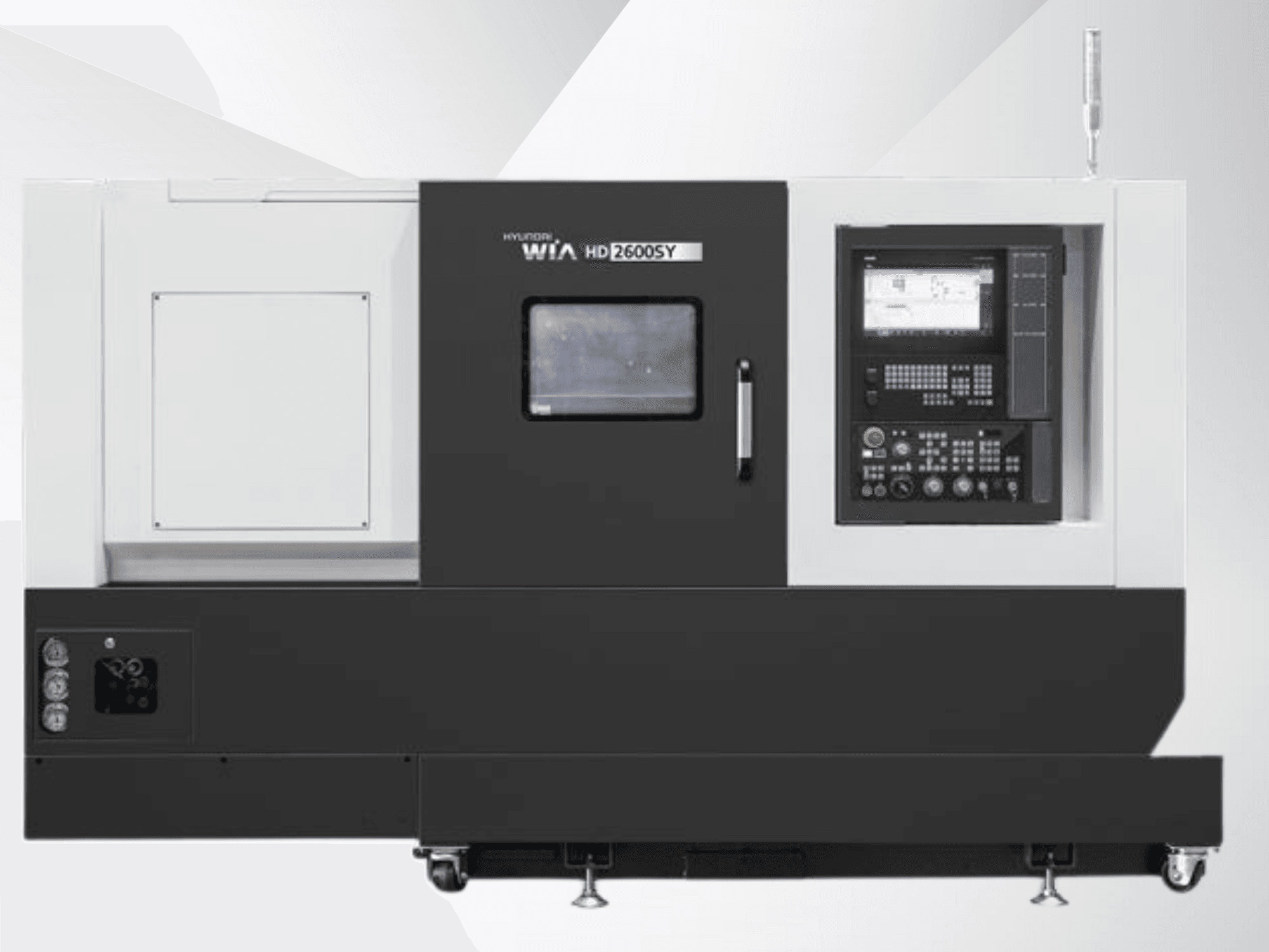 Hyundai WIA HD 2600SY CNC eszterga, előlnézet; digitális vezérlőpanel és szerszámtároló, műszaki jellemzők bemutatása.