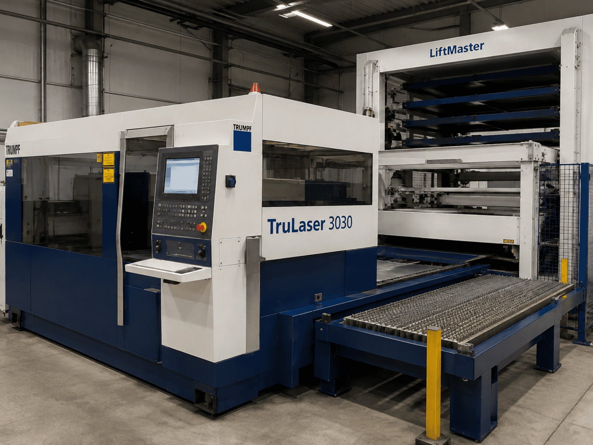 A TRUMPF TruLaser 3030 CO₂ lézervágógép elölnézete LiftMasterrel, kezelőpanellel és fémlemez-asztallal.