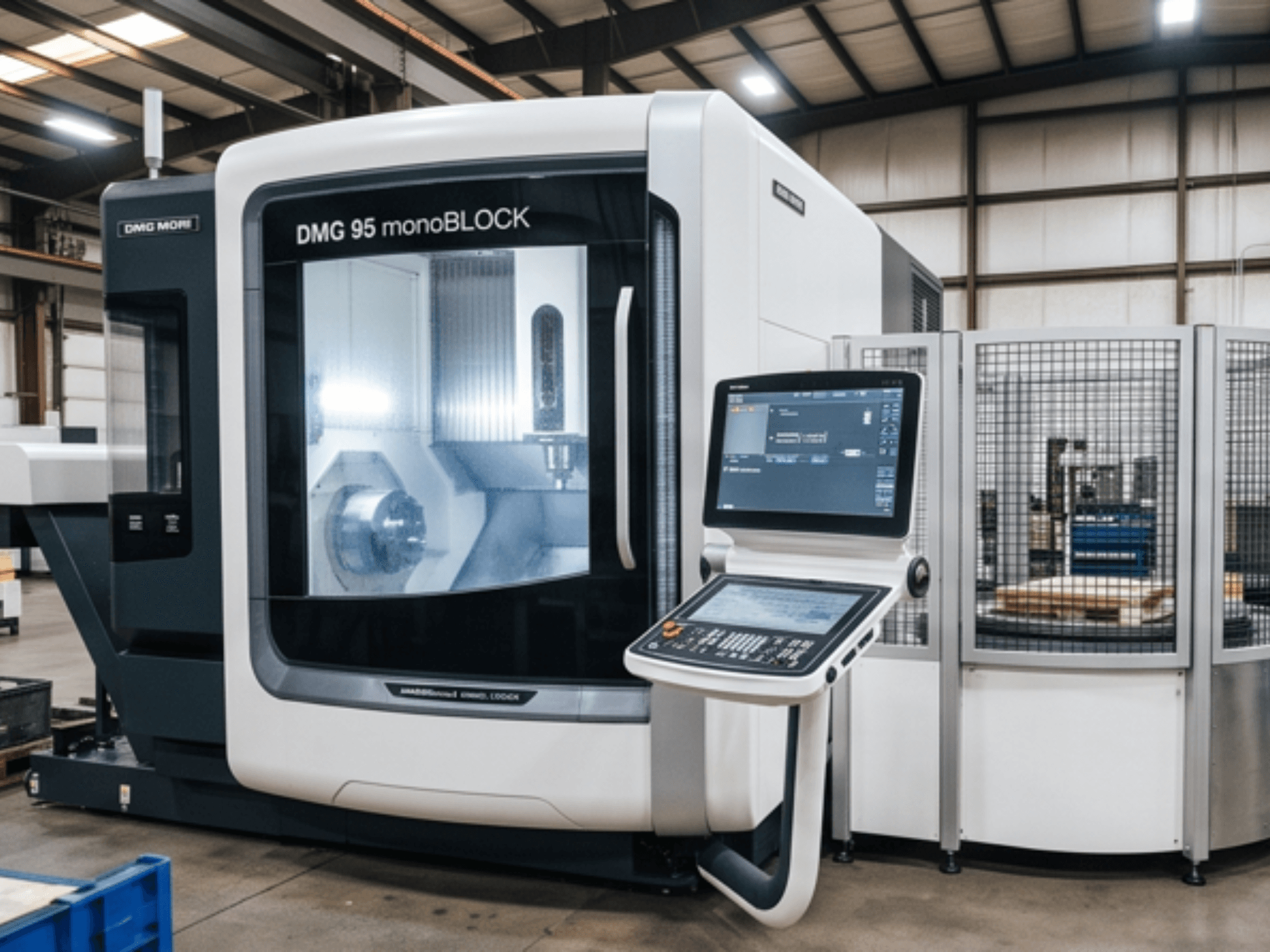 DMG MORI DMC 95 monoBLOCK függőleges megmunkáló központ, elölnézet, a vezérlőpanellel és a biztonsági burkolattal.