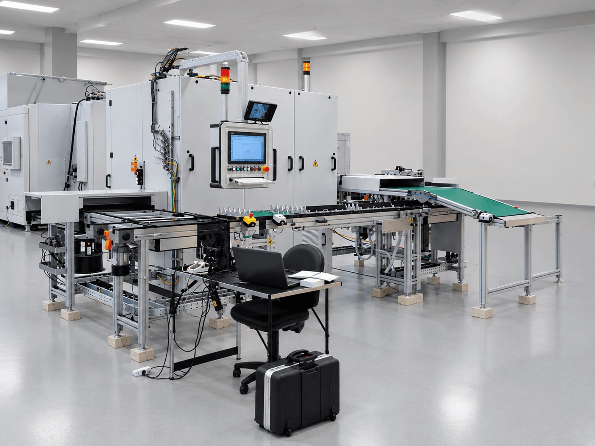CLEAN LASER clean CELL 3220 CL600 szerszámgép vezérlőpanellel és szállítószalaggal, oldalnézetben egy tágas ipari környezetben.
