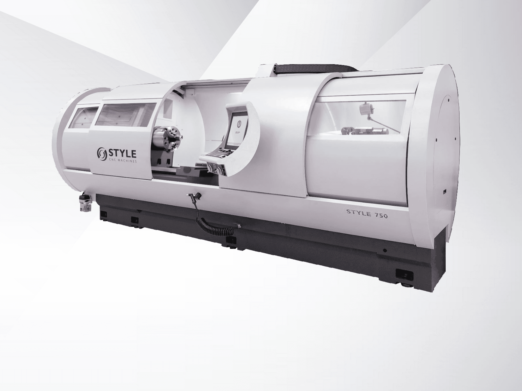 STYLE 750 CNC esztergagép, előlnézet, nagy ablakkal, vezérlőpanellel és precíziós mechanikával a fejlett megmunkáláshoz.