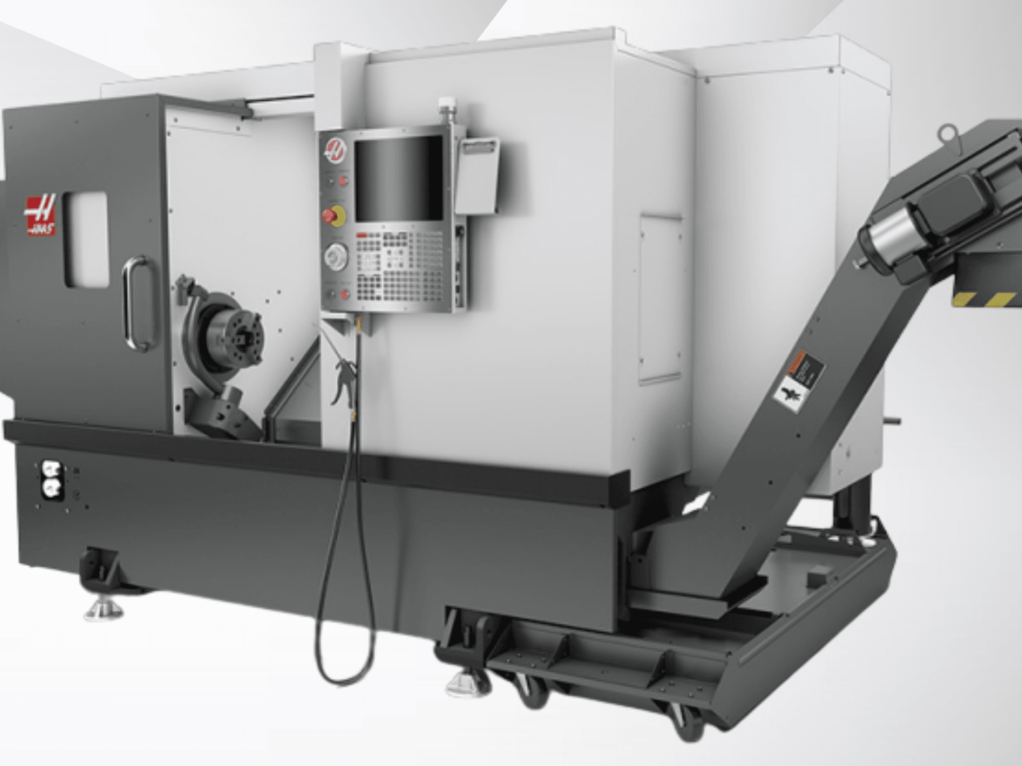 Haas ST-20 vízszintes eszterga; elölnézet, amelyen látható a vezérlőpanel, az orsó és a forgácsszállító kialakítása.