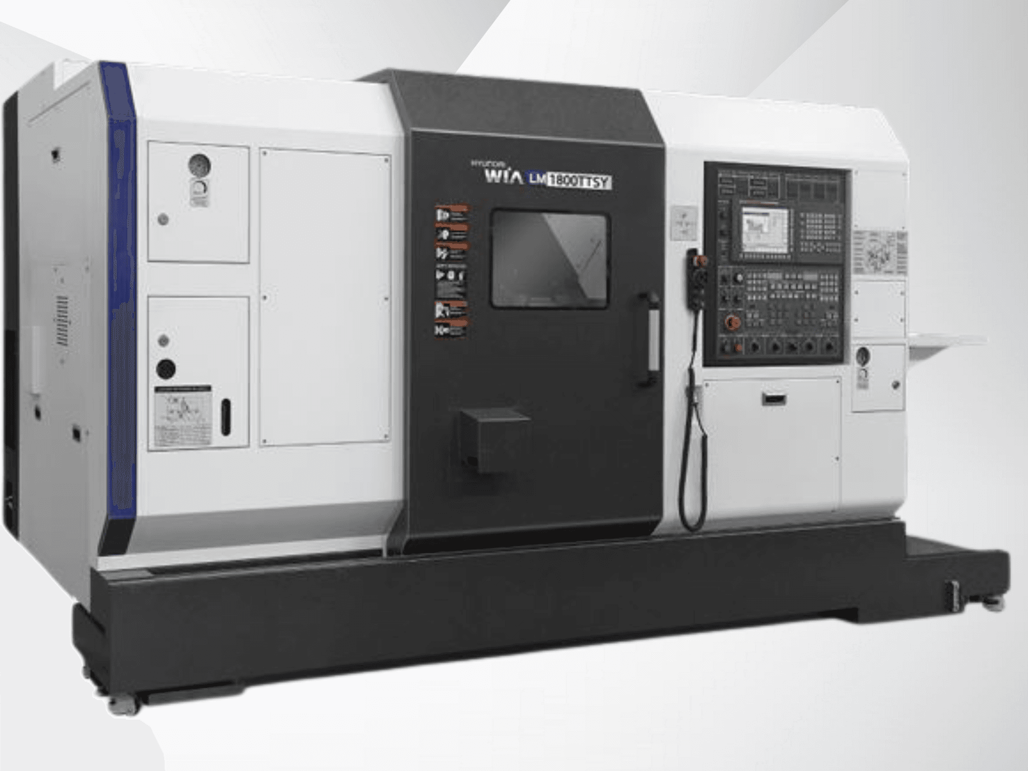 Hyundai LM1800TTSY CNC esztergagép, előlnézet, vezérlőpanel, fekete-fehér külső és kezelőgombok.