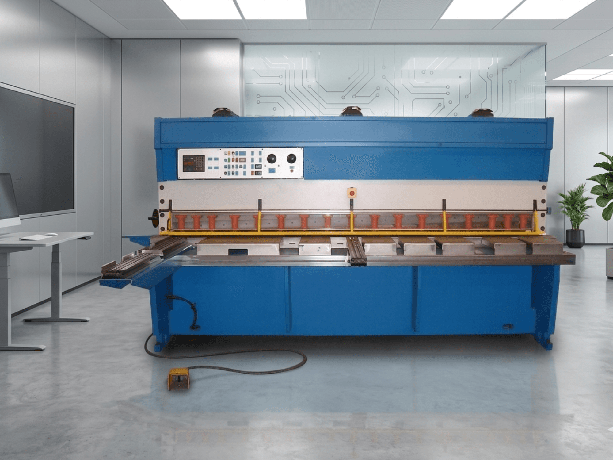 GASPARINI CO 3006 hidraulikus nyírógép, elölnézetben, vezérlőpanel és fémvágási terület, modern munkaterületen.