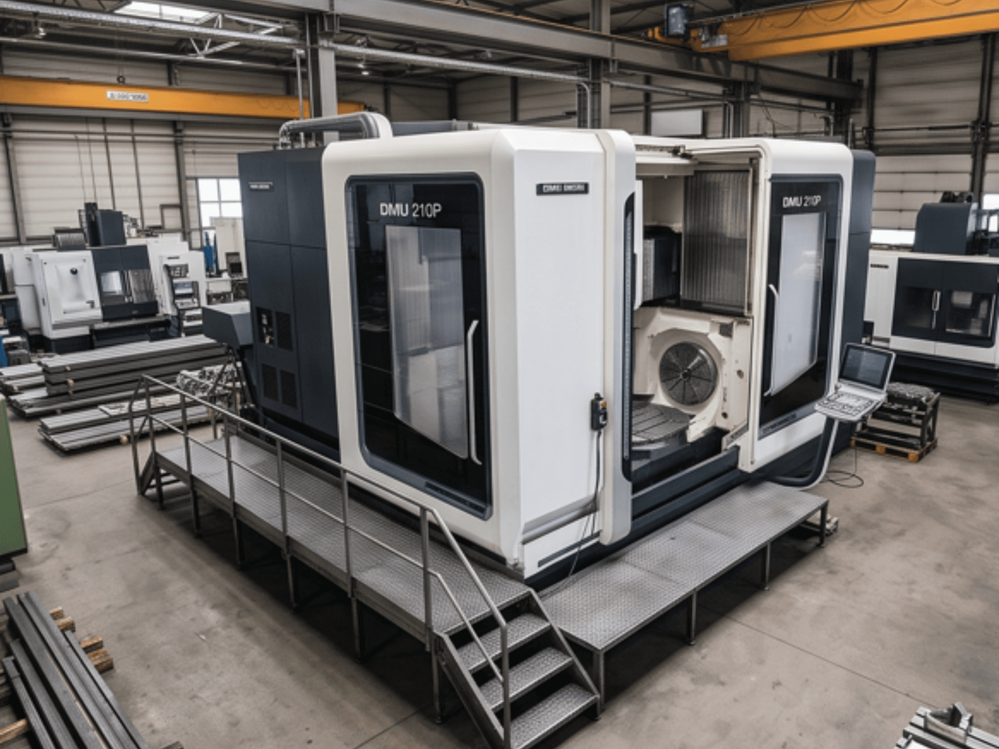 DMG MORI DMU 210P univerzális megmunkáló központ egy műhelyben, oldalnézet a vezérlőpanellel és a feljáróval.